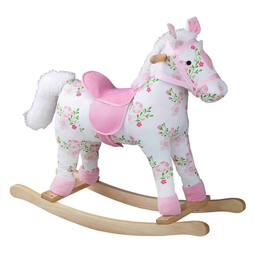 A beautiful and charming rocking horse! The pink floral design adds a lovely touch, and the soft saddle and matching bridle make it comfortable and appealing. The sturdy handles are a great feature for young riders to hold onto securely while enjoying their rocking horse adventure.