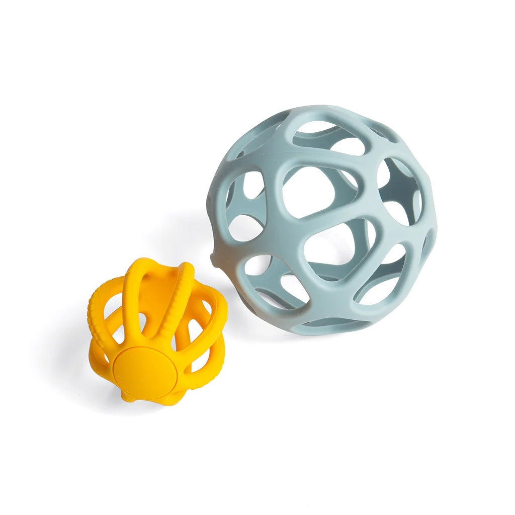 Set of two Activity Balls designed to provide relief for teething babies while offering sensory stimulation and promoting their motor skills. These sustainably-made toys are specifically created to address the needs of teething tots.