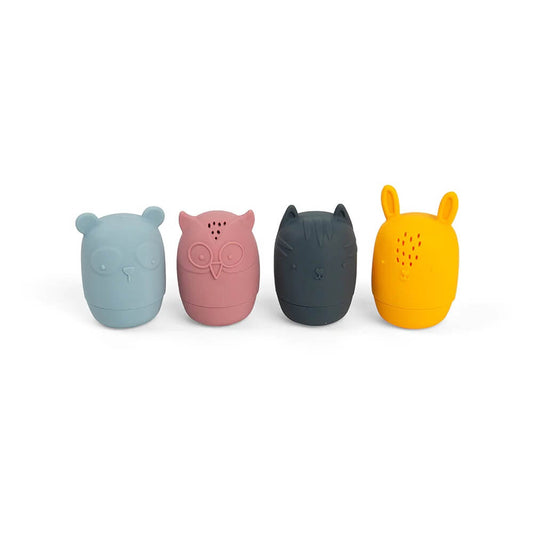 Bigjigs Silicone Bath Animals featuring 4 squeezy water toys with small holes for shooting water and a removable base, all made from 100% food-grade silicone.