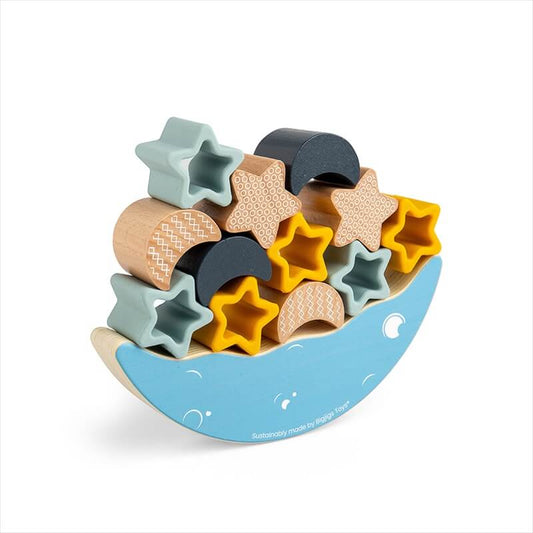 The Bigjigs Simply Scandi Moon Balance Stacker is a sustainable wooden and silicone stacking toy that includes 13 play pieces.