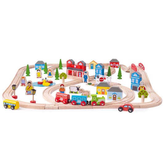 Bigjigs 91 piece wooden train set. Features wooden houses, figures, trees, cars and more.