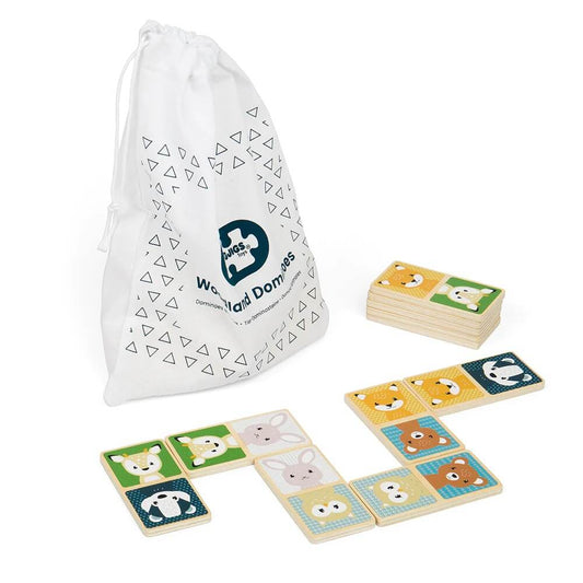Bigjigs FSC Certified children's dominoes game includes 28 wooden tiles featuring delightful animal illustrations, and it comes with a convenient drawstring storage bag.