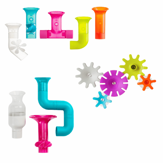 •	A fun suction bath toy set which helps the water stay inside the tub. The toy pipes, cogs, and tubes can be used for creative fun playing with them individually or in a chain.