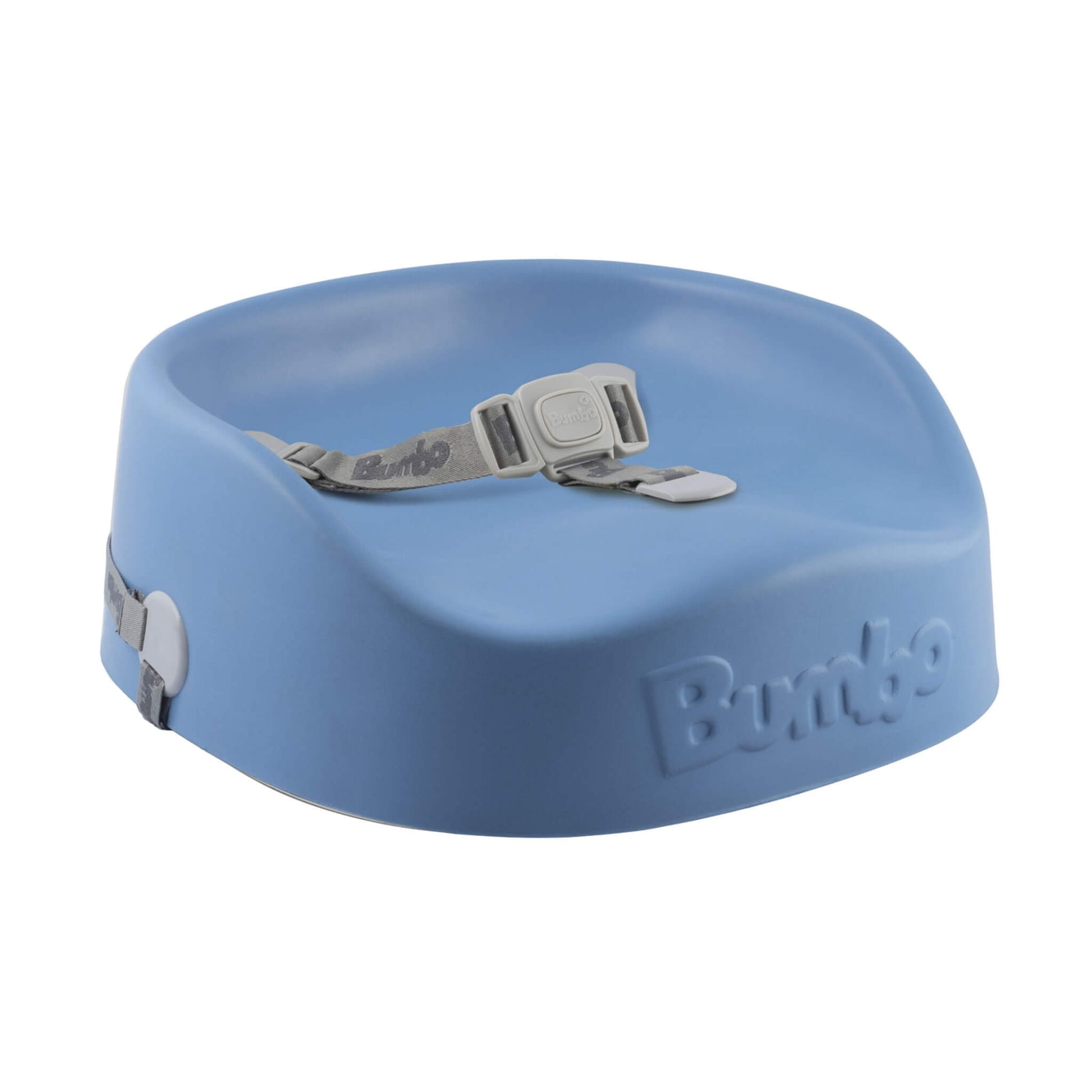 Bumbo Booster Seat in Powder Blue, showing seat shape, harness, and safety straps.
