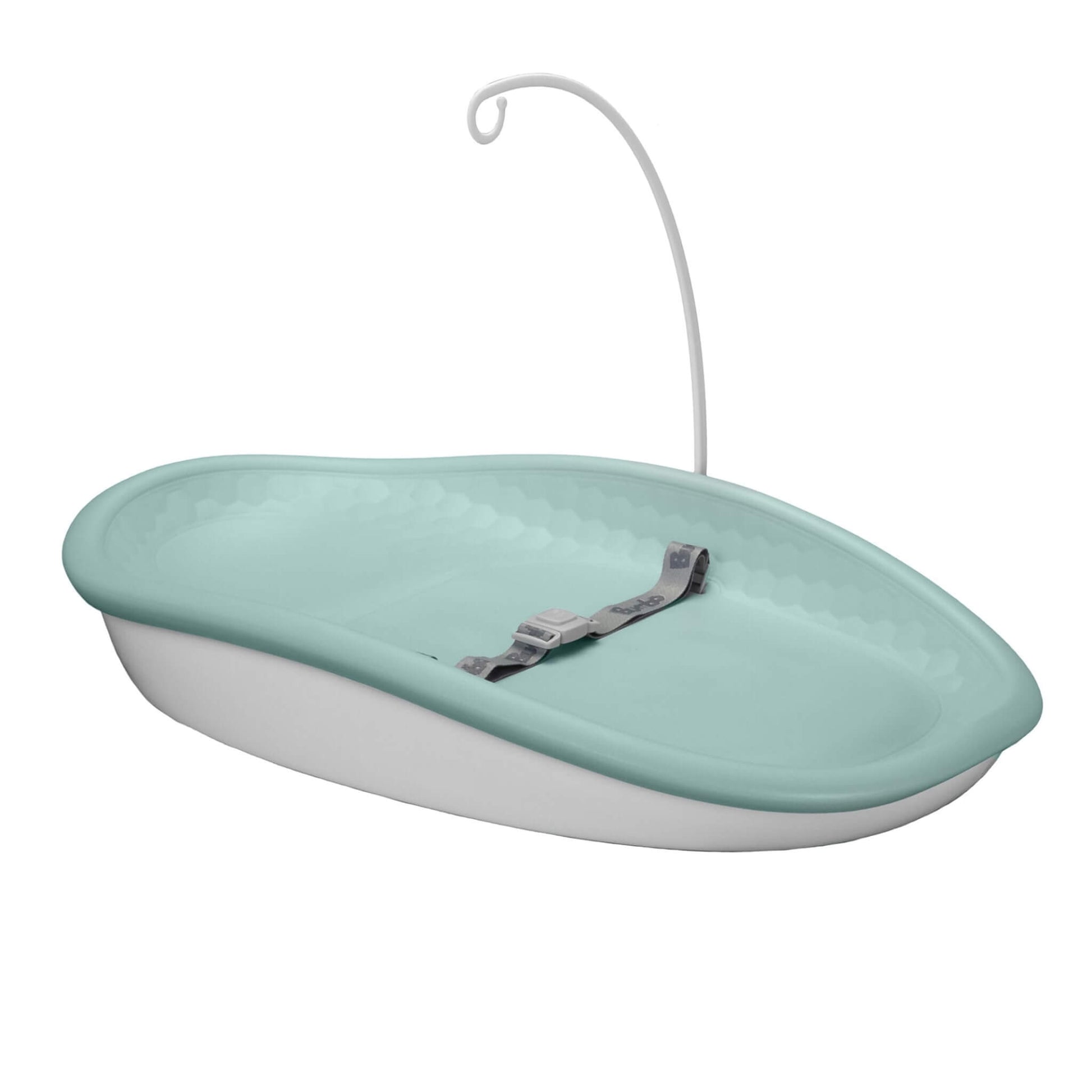 Bumbo Max Changing Pad in Hemlock with safety harness and detachable mobile hanger shown on a white background.