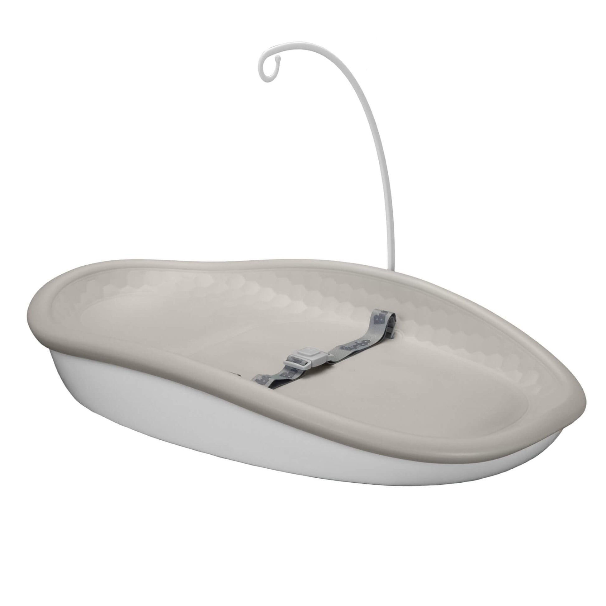 Bumbo Max Changing Pad in Taupe with safety harness and detachable mobile hanger shown on a white background.