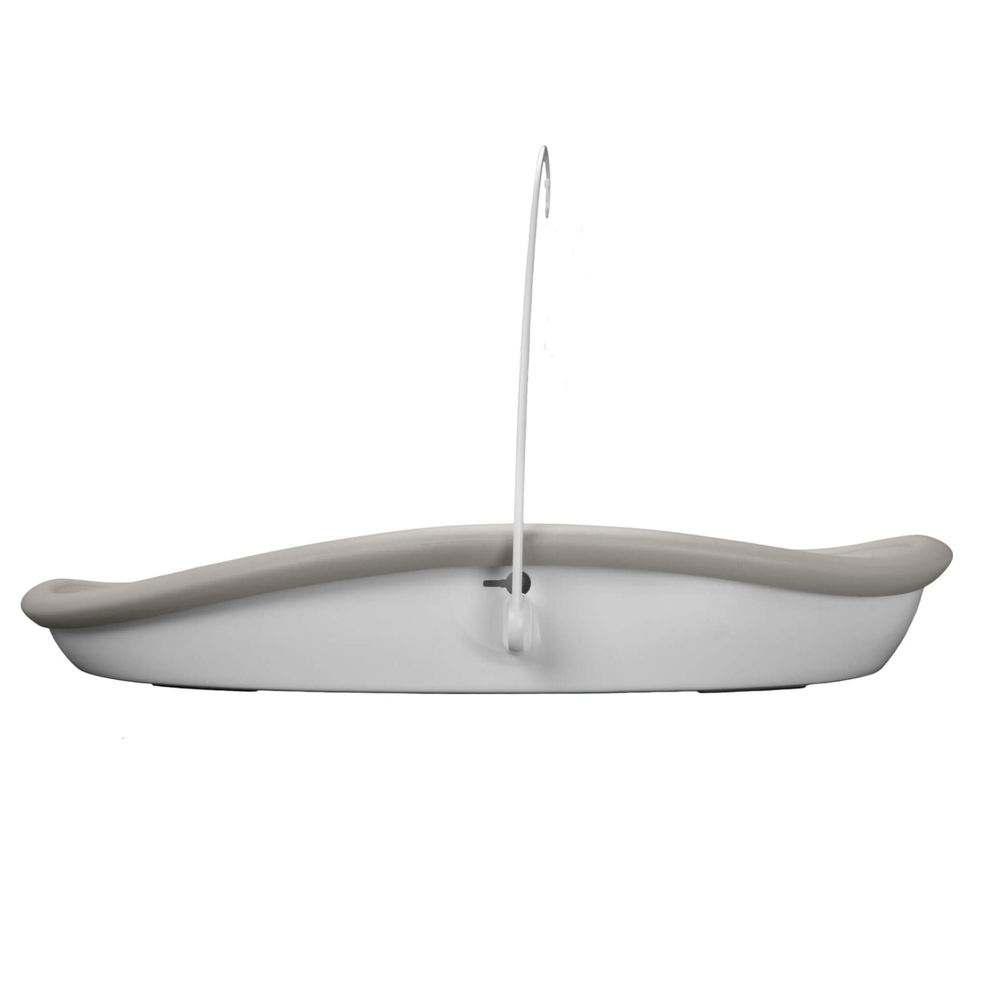 Side view of the Bumbo Max Changing Pad in Taupe with mobile hanger installed.