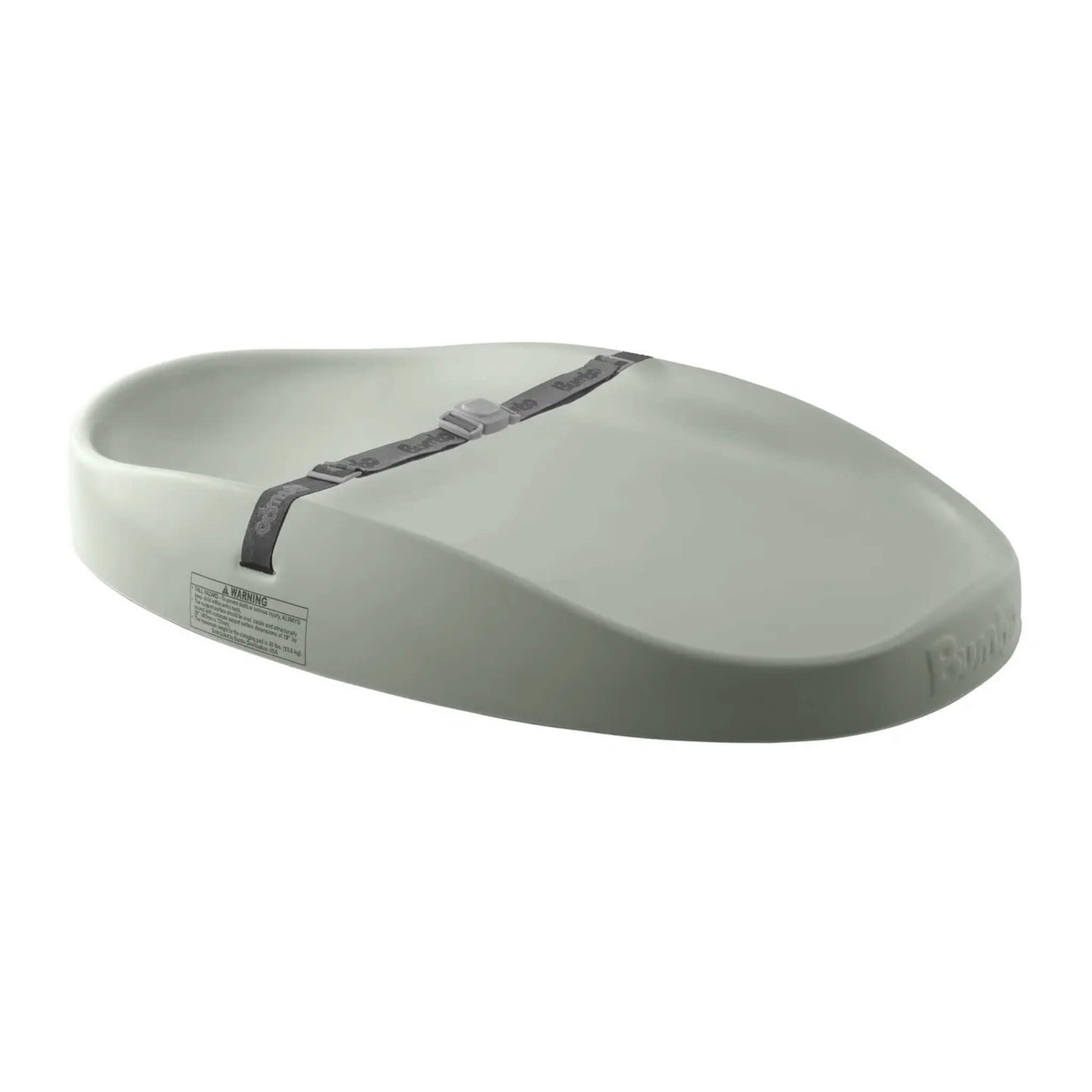 Bumbo changing pad in sage green with contoured sides and adjustable safety strap on a white background.