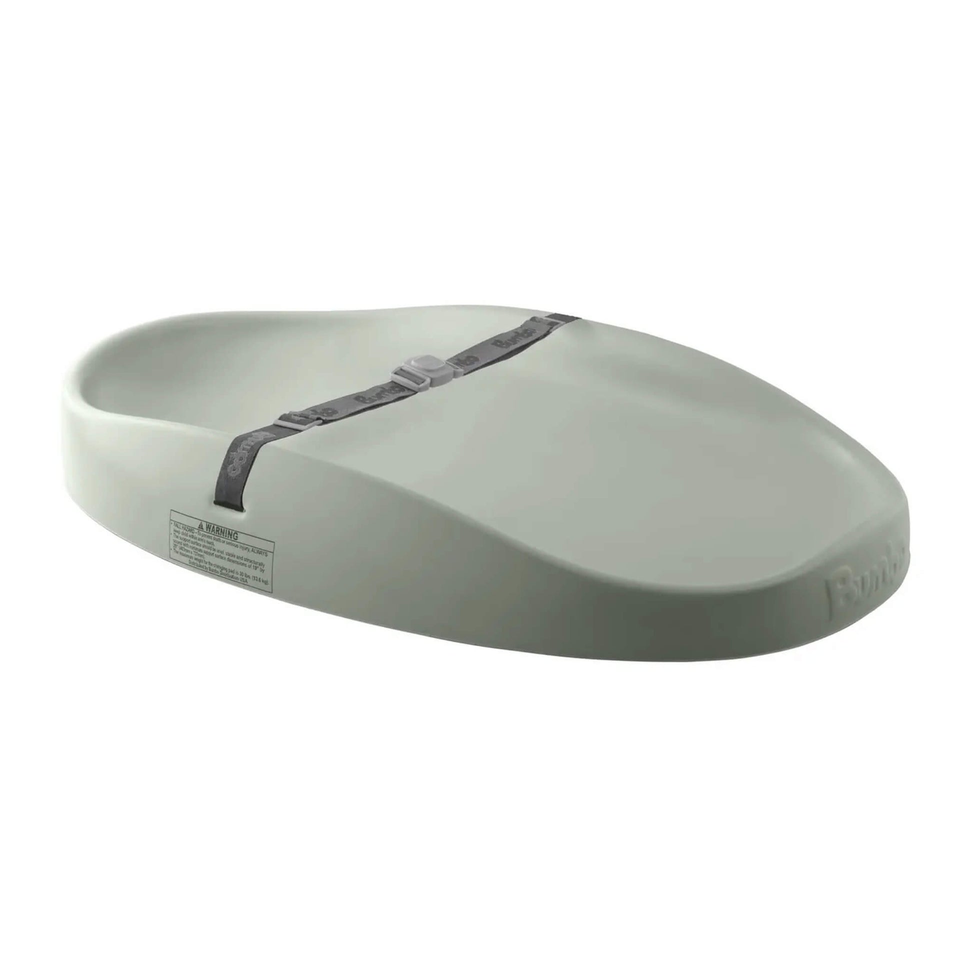 Bumbo changing pad in sage green with contoured sides and adjustable safety strap on a white background.