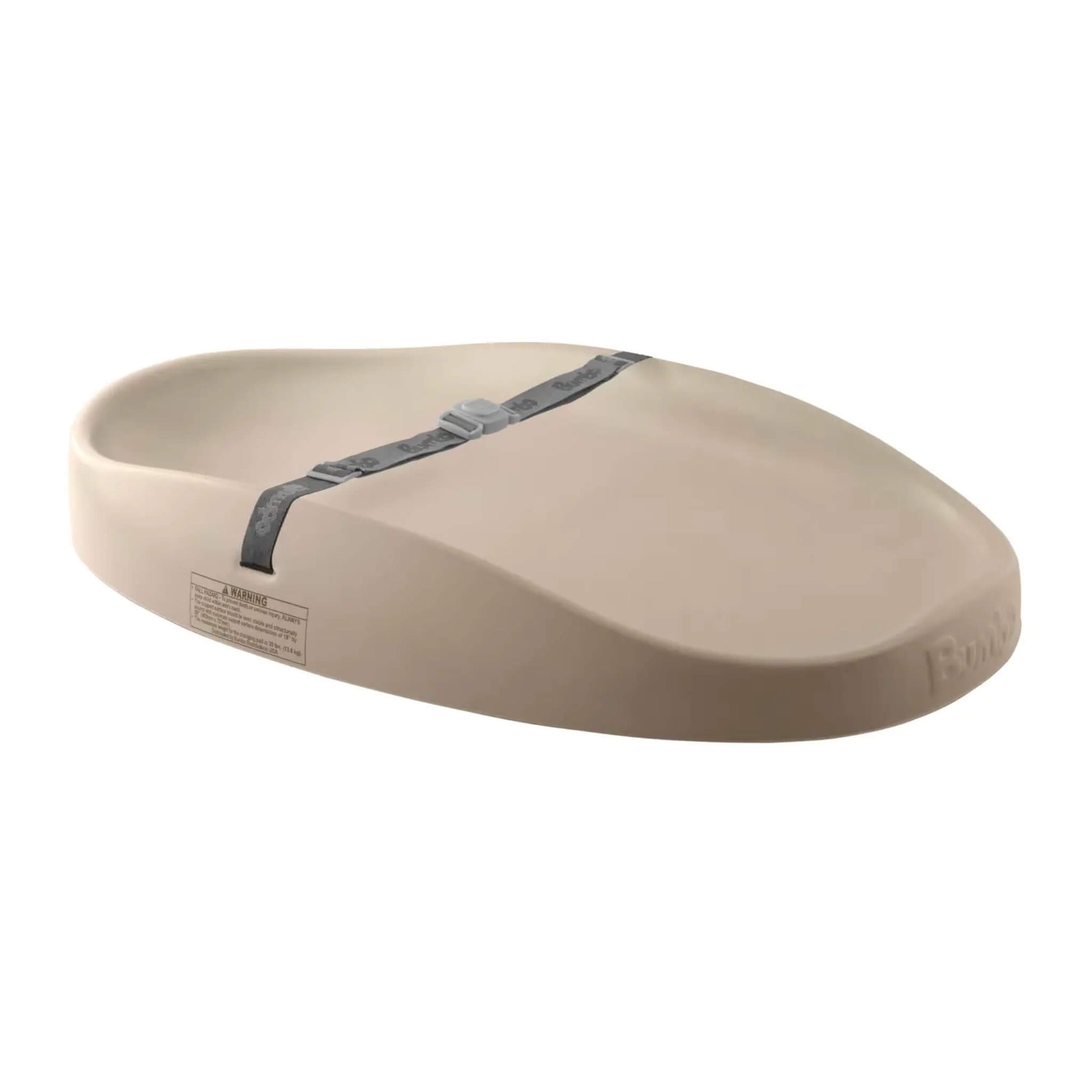Bumbo changing pad in taupe with curved sides, wipe-clean surface and adjustable safety strap on a white background.