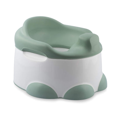 Bumbo Step 'n Potty in Hemlock green with soft contoured toilet seat, white base and non-slip feet shown in potty configuration.