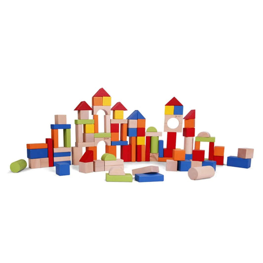 Classic World 100 Blocks wooden building set arranged into colourful towers and arches, showing a mix of shapes including cylinders, triangles and rectangles.