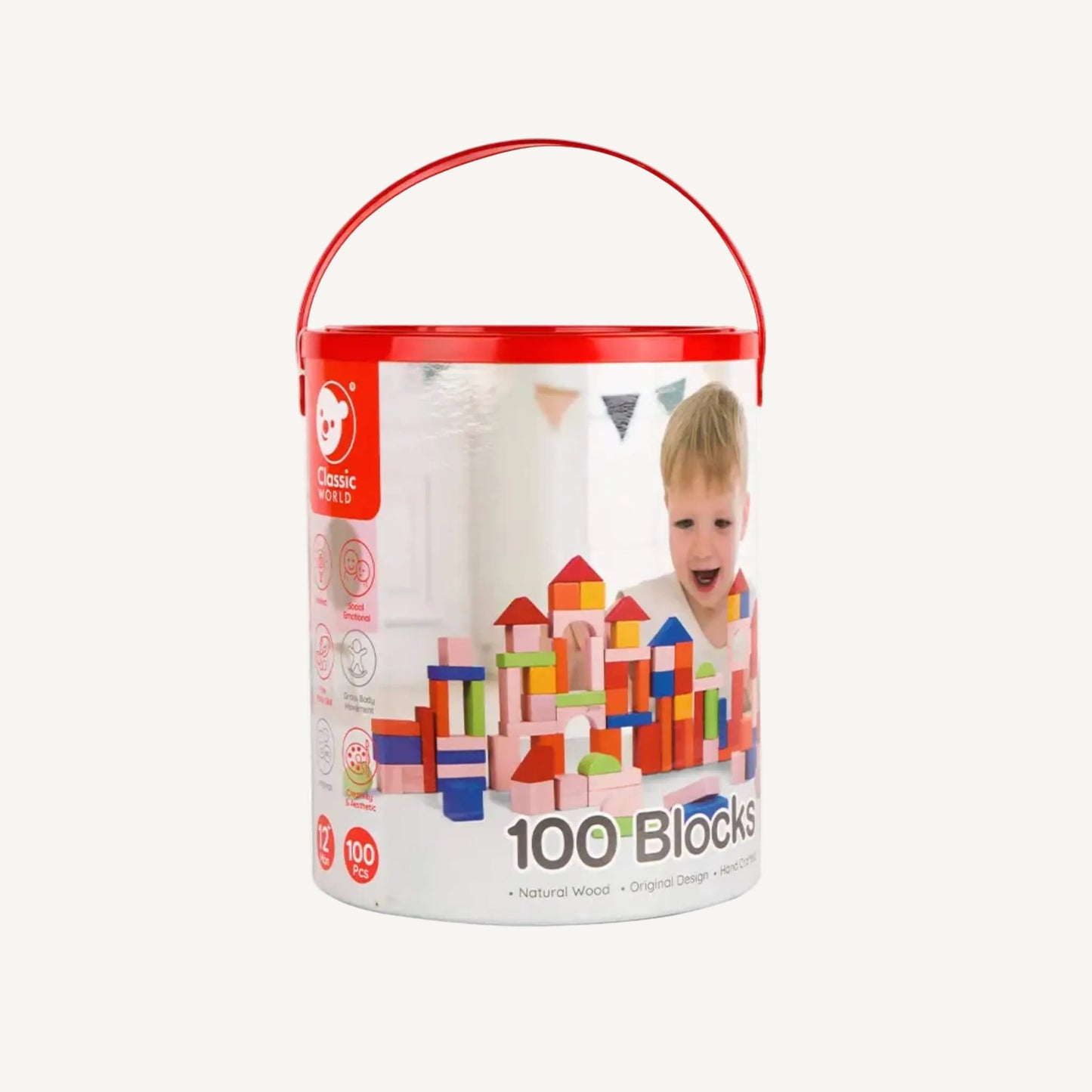 A round storage container with red lid and handle showing printed branding and an image of wooden blocks, isolated against a plain background.