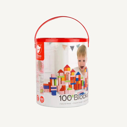 A round storage container with red lid and handle showing printed branding and an image of wooden blocks, isolated against a plain background.