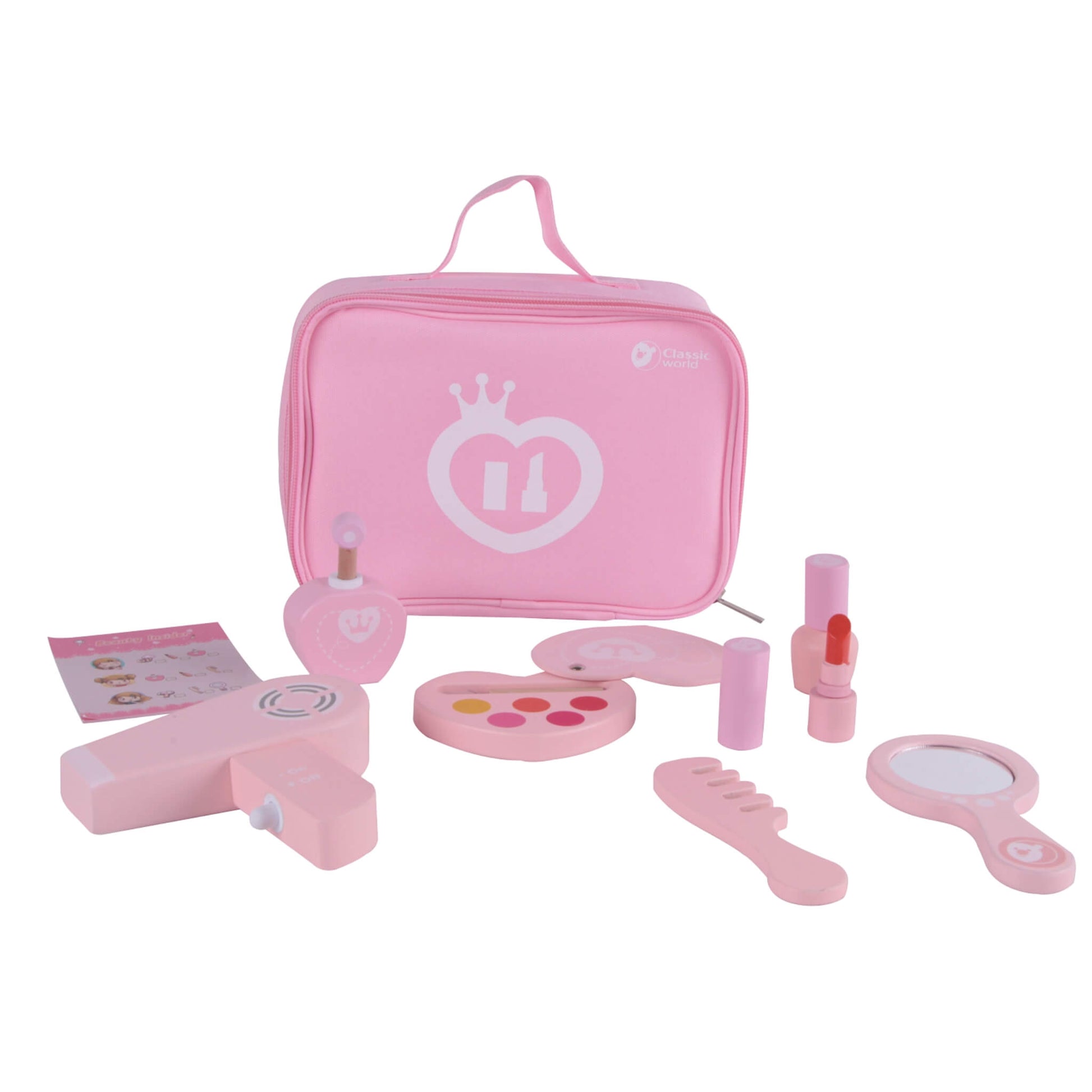 Classic World 9 Piece Make-Up Set, a pink pretend play beauty kit with wooden lipstick, nail polish, mirror, and accessories in a zip-up vanity case.