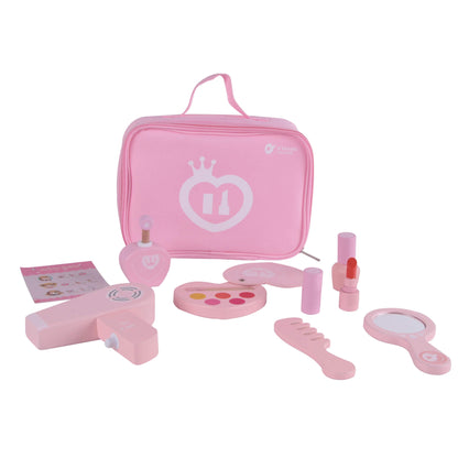 Classic World 9 Piece Make-Up Set, a pink pretend play beauty kit with wooden lipstick, nail polish, mirror, and accessories in a zip-up vanity case.