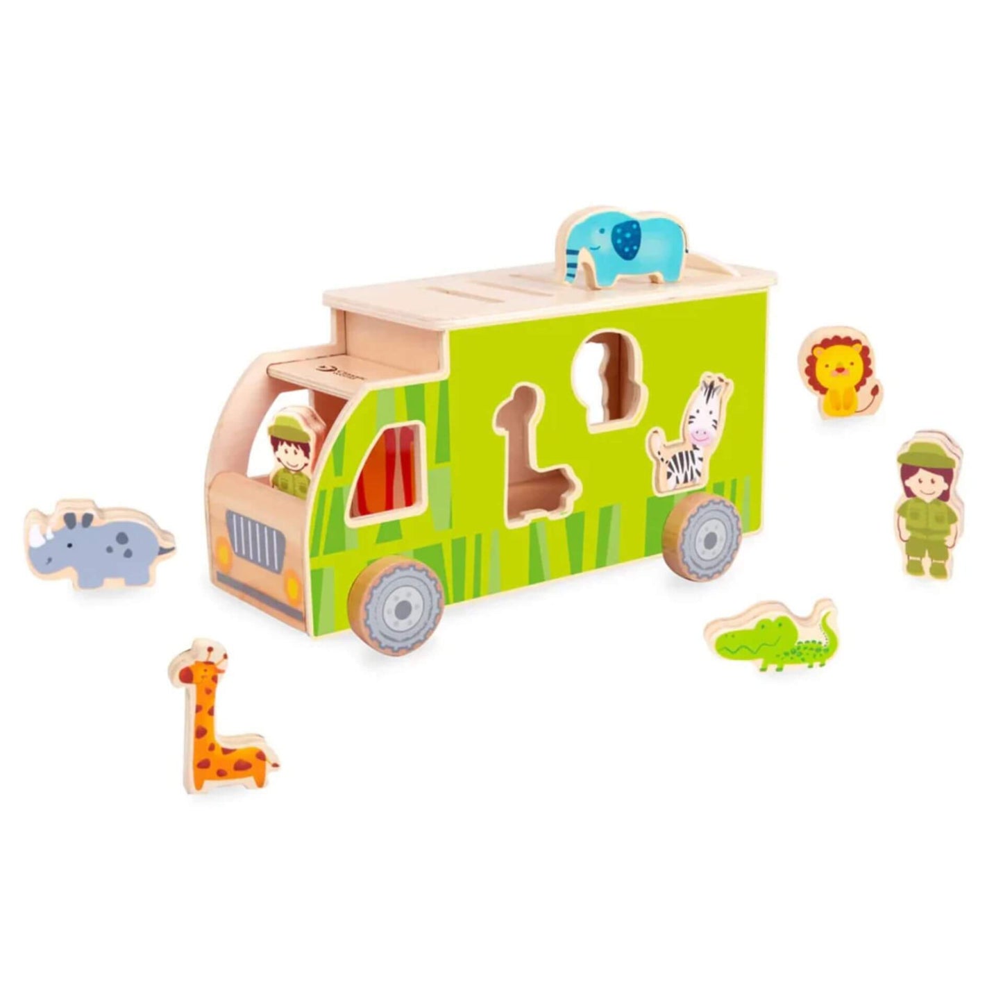 Classic World Animal Sorting Truck with wooden safari animals, ranger figure, and shape sorter design for fun and educational play.