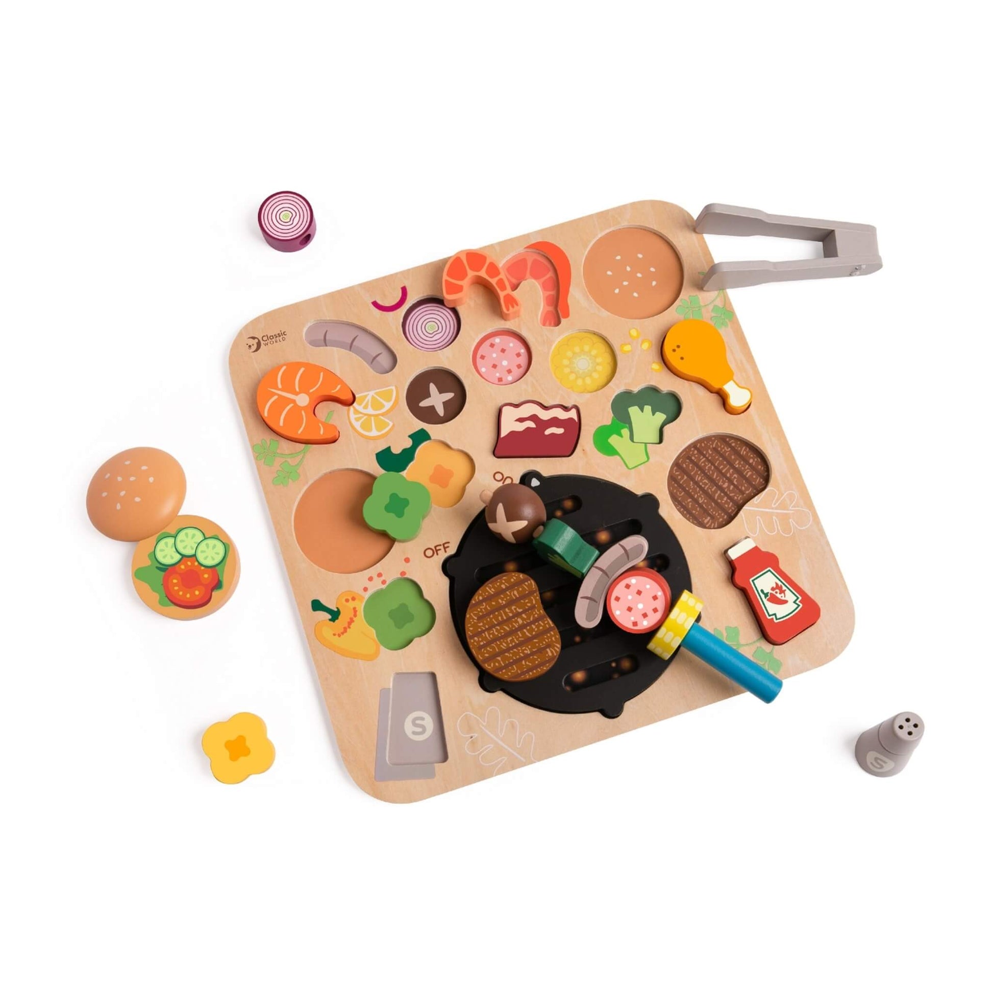 Classic World BBQ Puzzle wooden play set with grill board, chunky food pieces, tongs and skewer arranged on a light background.