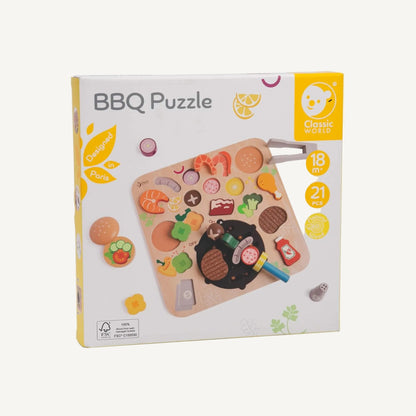 Product packaging box showing BBQ puzzle set with illustrated contents, age guidance and piece count displayed on front.