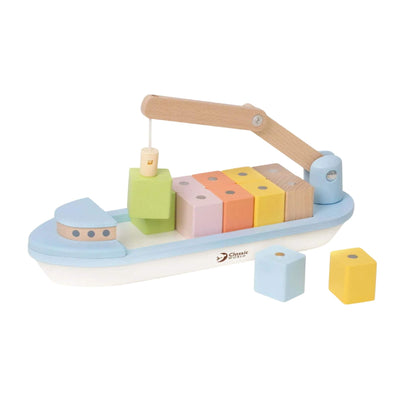 A Classic World Block Boat toy with pastel-coloured wooden blocks and a magnetic crane for stacking and sorting play.
