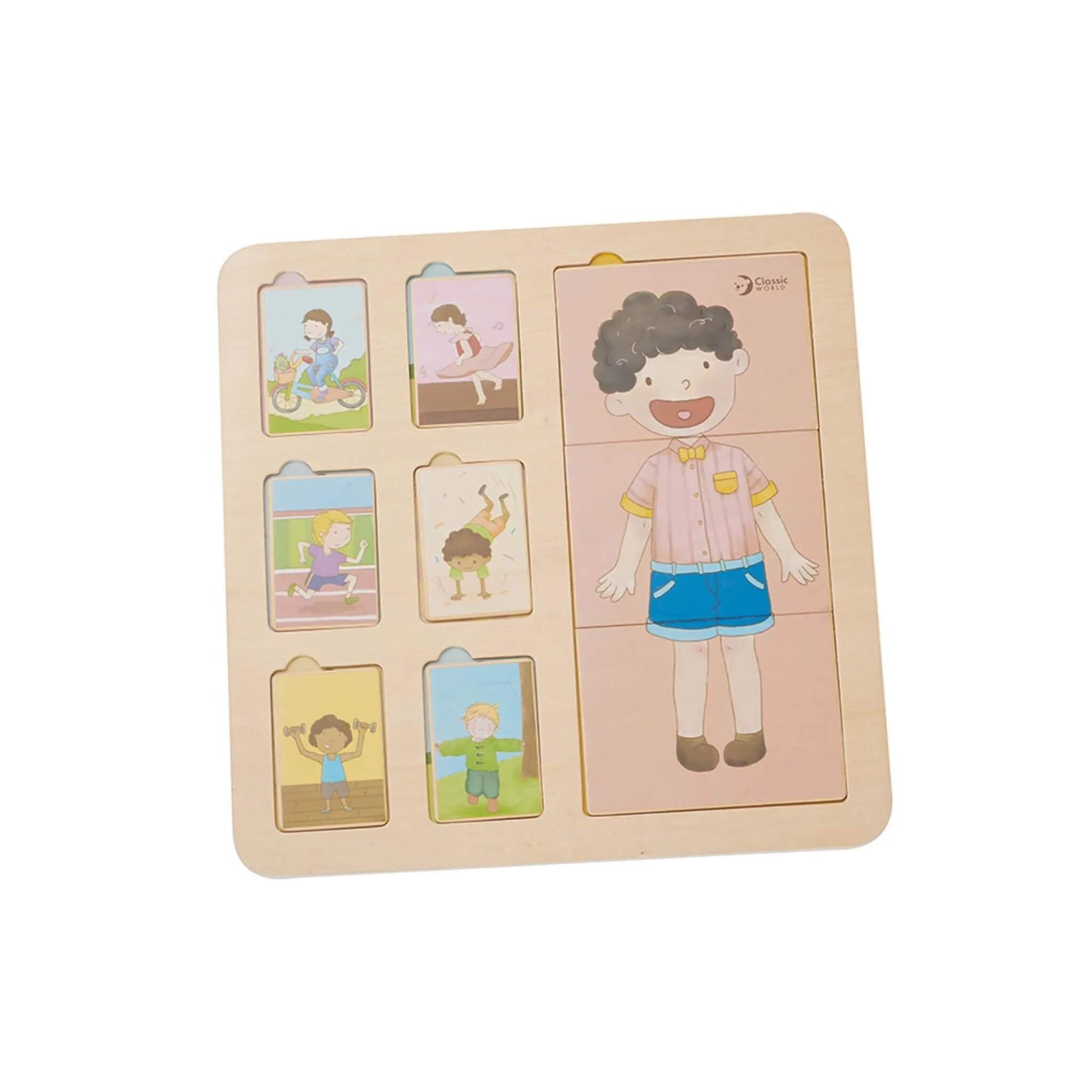 Wooden Classic World Body Puzzle, showing layered human body pieces alongside illustrated activity tiles.
