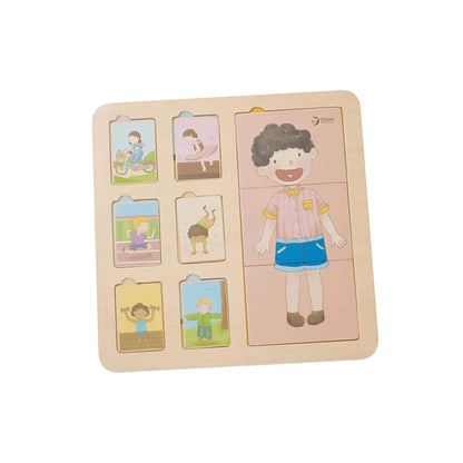 Wooden Classic World Body Puzzle, showing layered human body pieces alongside illustrated activity tiles.