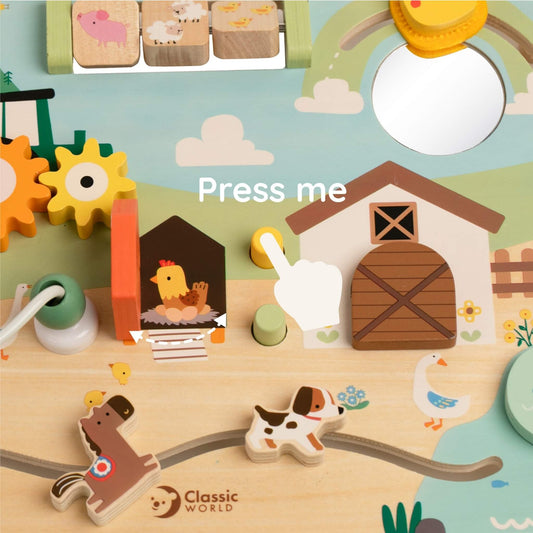 Close-up of wooden farm activity board showing opening chicken coop door, press button feature and sliding animal track with horse and dog pieces.