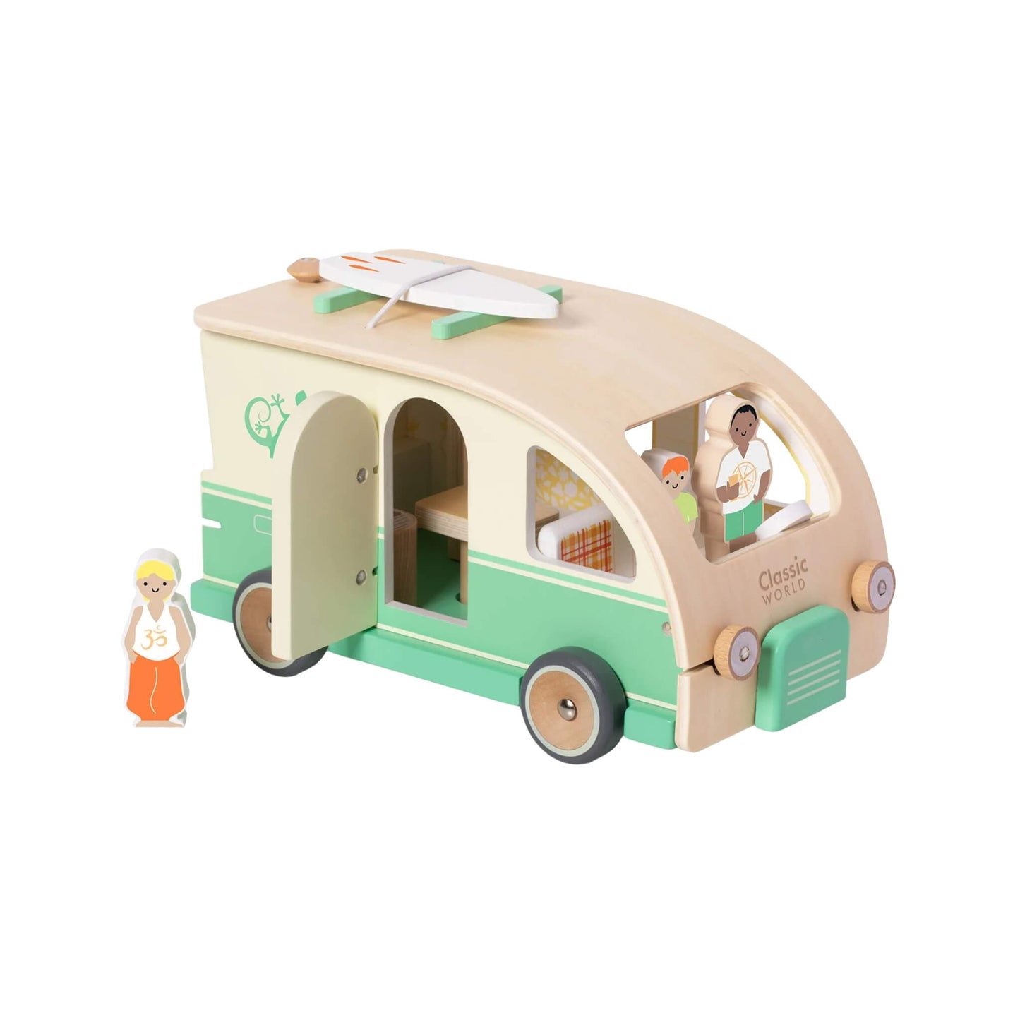 Classic World Camper Van, a wooden toy camper with green and natural wood finish, surfboard on top, open sides, and wooden characters inside.