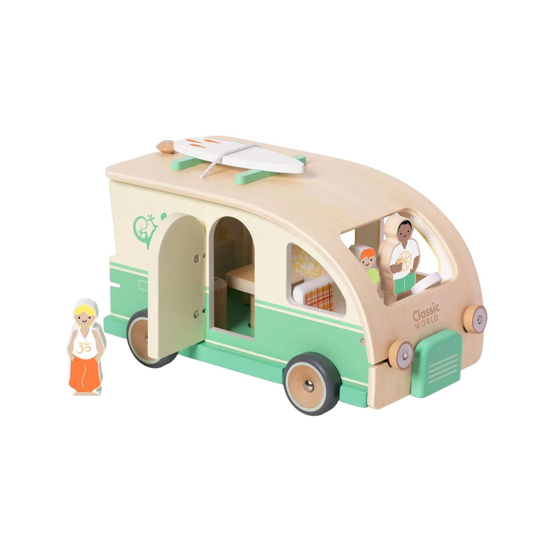 Classic World Camper Van, a wooden toy camper with green and natural wood finish, surfboard on top, open sides, and wooden characters inside.