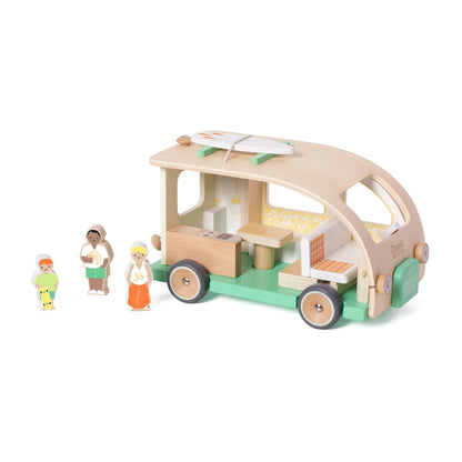 Wooden toy campervan with open door and removable roof, showing a detailed interior and three wooden character figures next to it.