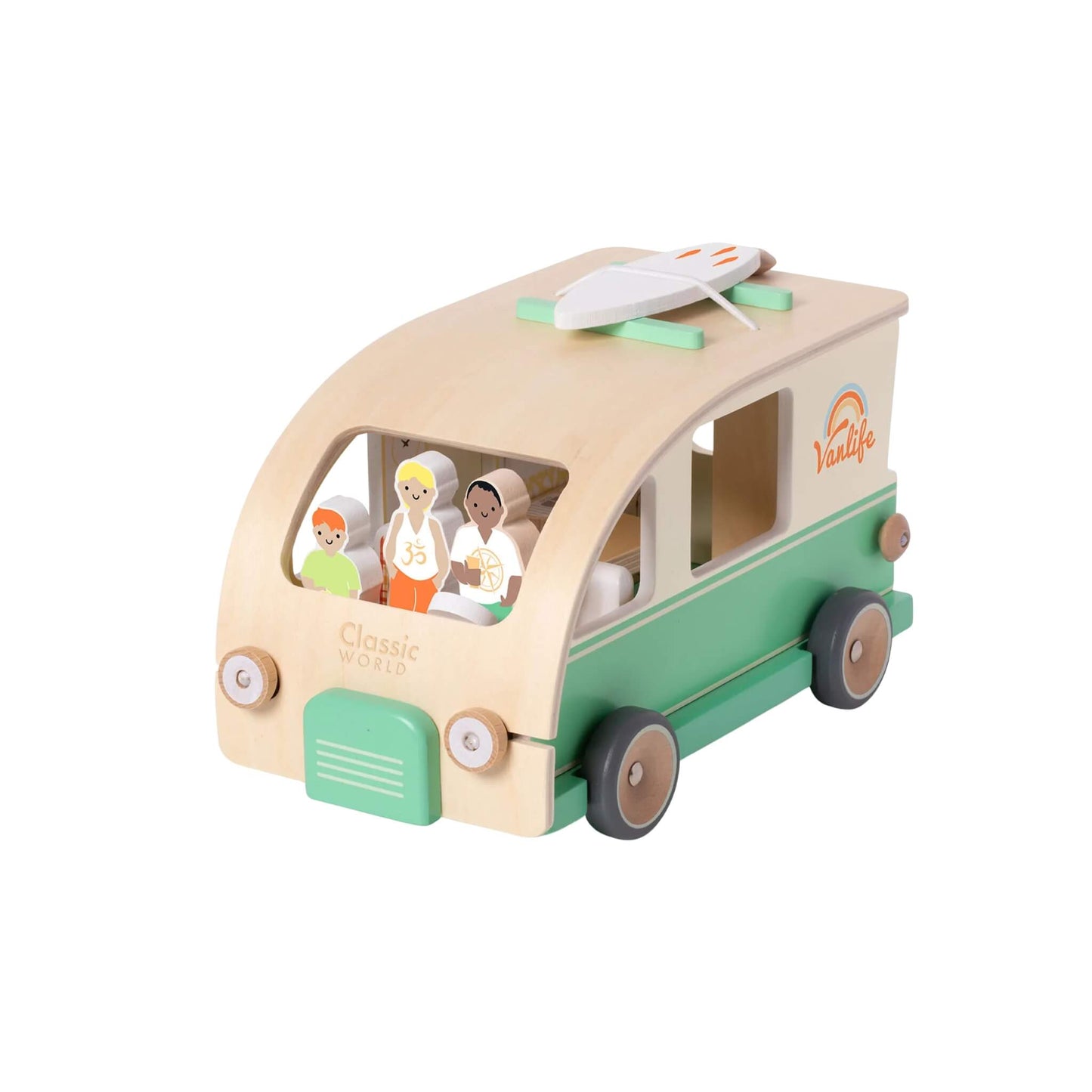 Side view of the wooden campervan with roof attached, surfboard on top, and three smiling wooden figures visible through the window.