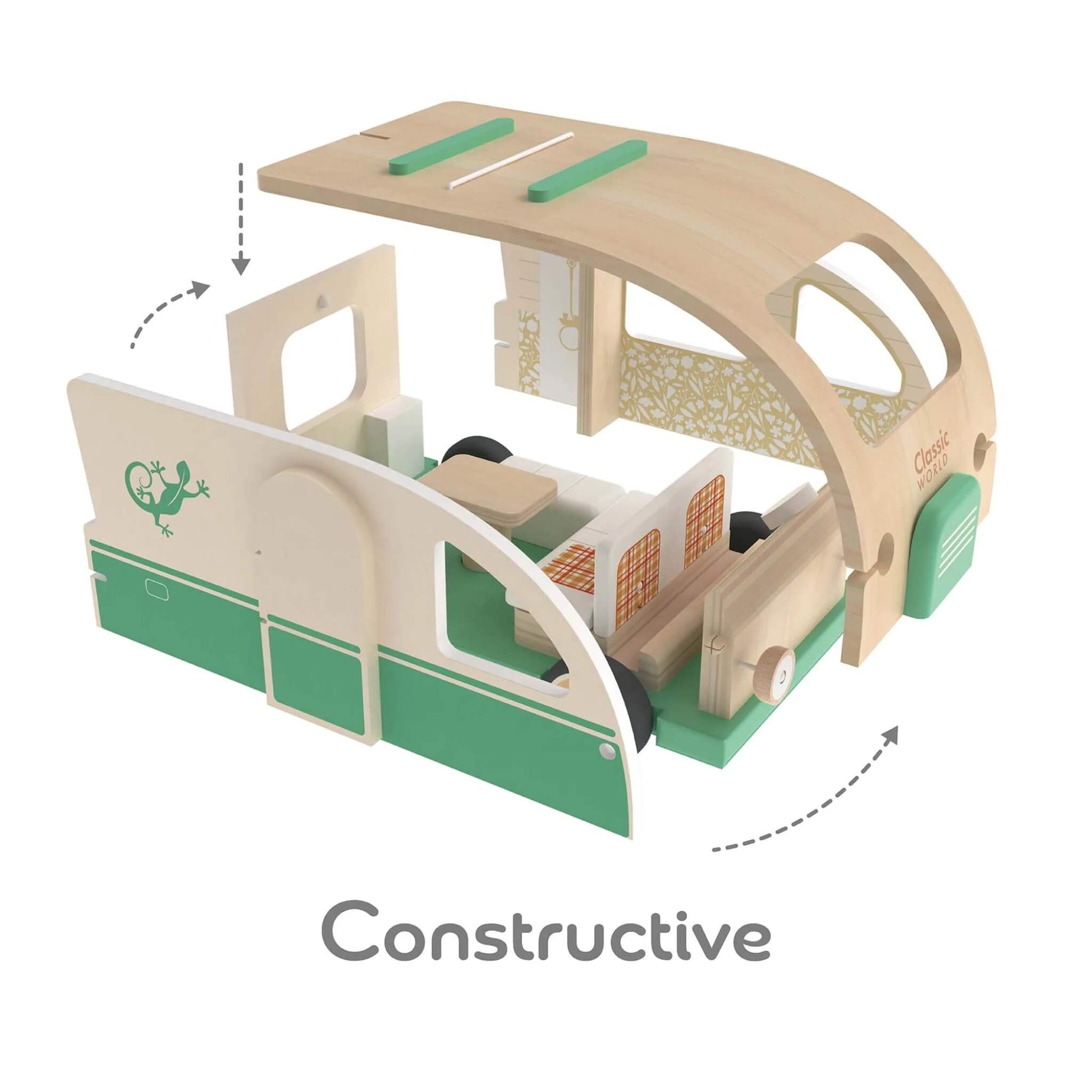 A disassembled view of a wooden toy campervan with the roof and side panels lifted off, revealing the kitchen, seating area, and other interior details.
