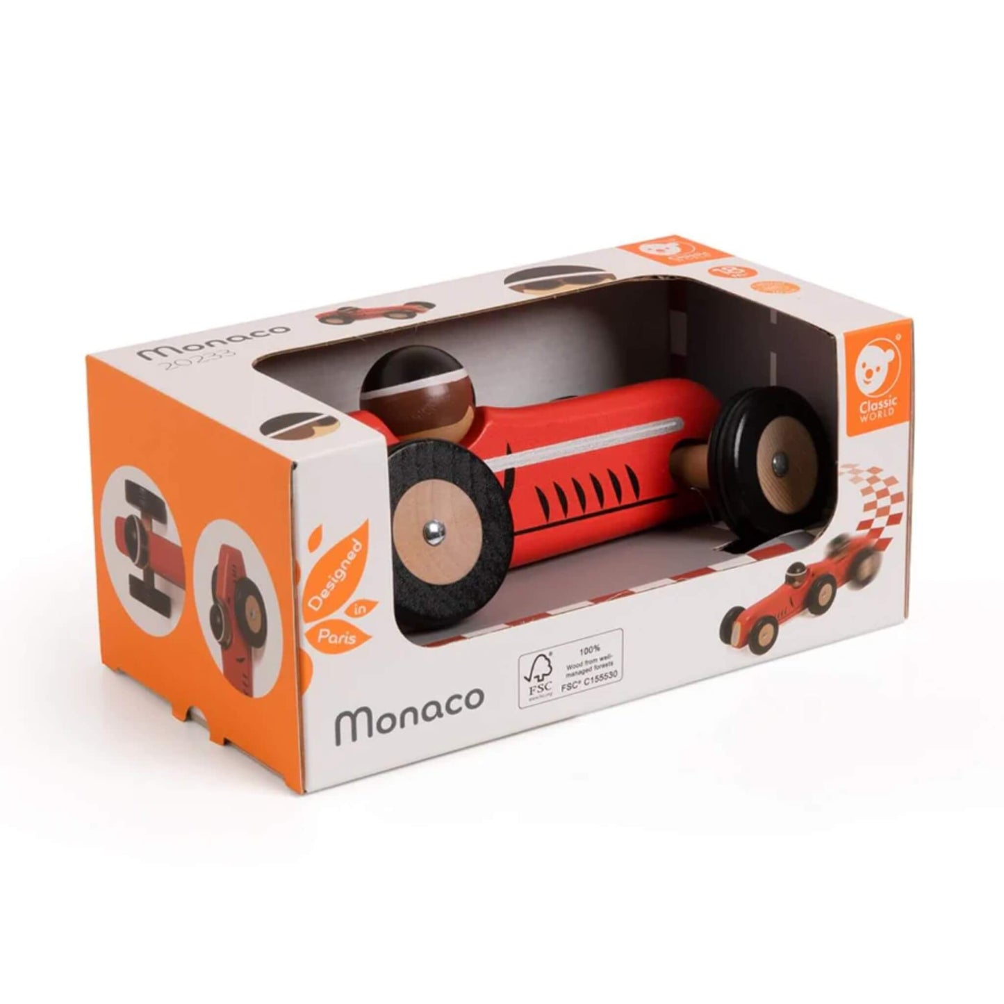 Red Monaco wooden toy car packaged in an orange and white Classic World box with window display, showing the car and driver inside.