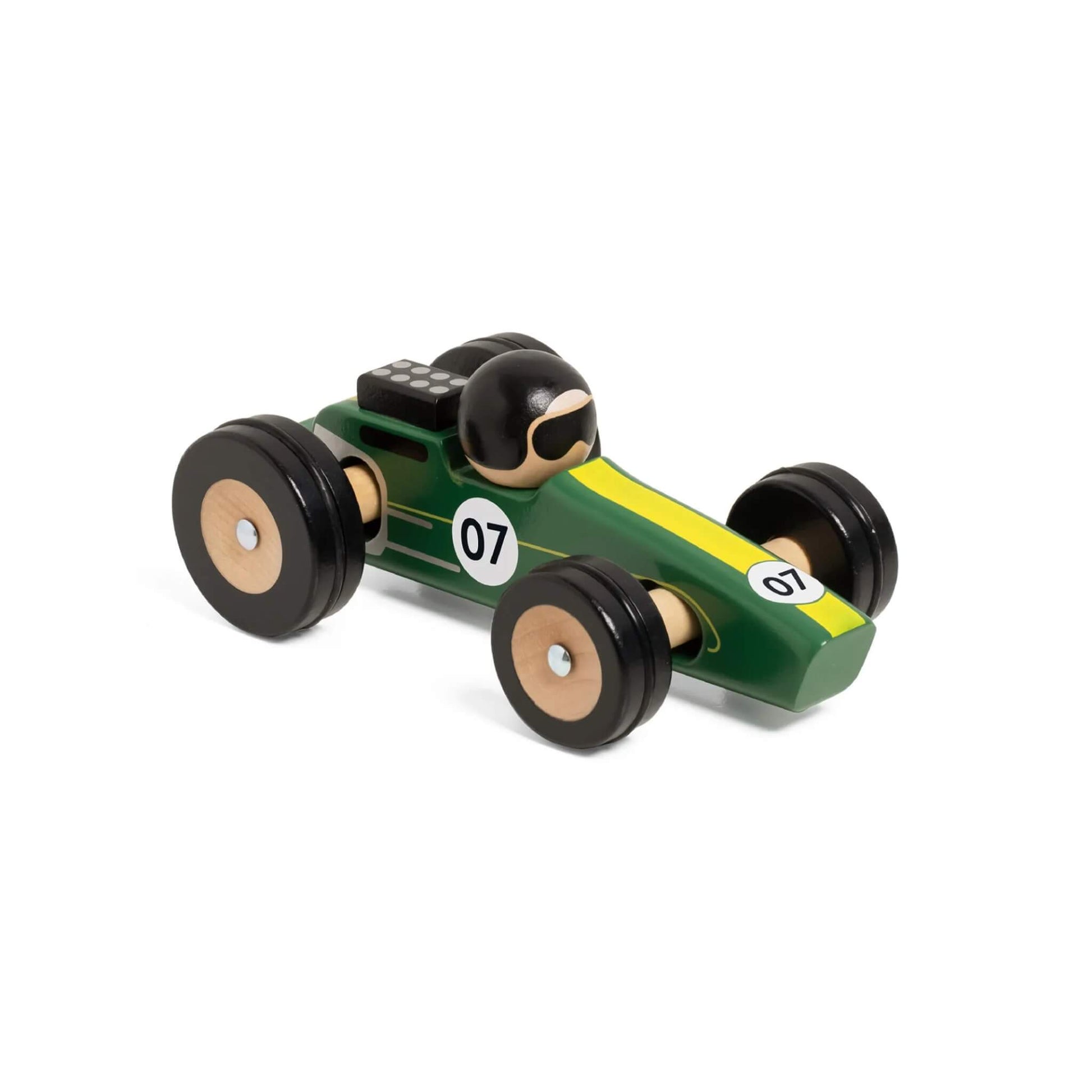 Classic World Silverstone toy car, green wooden race car with yellow stripe, number 07 detail, and a small wooden driver figure wearing a black helmet and goggles.
