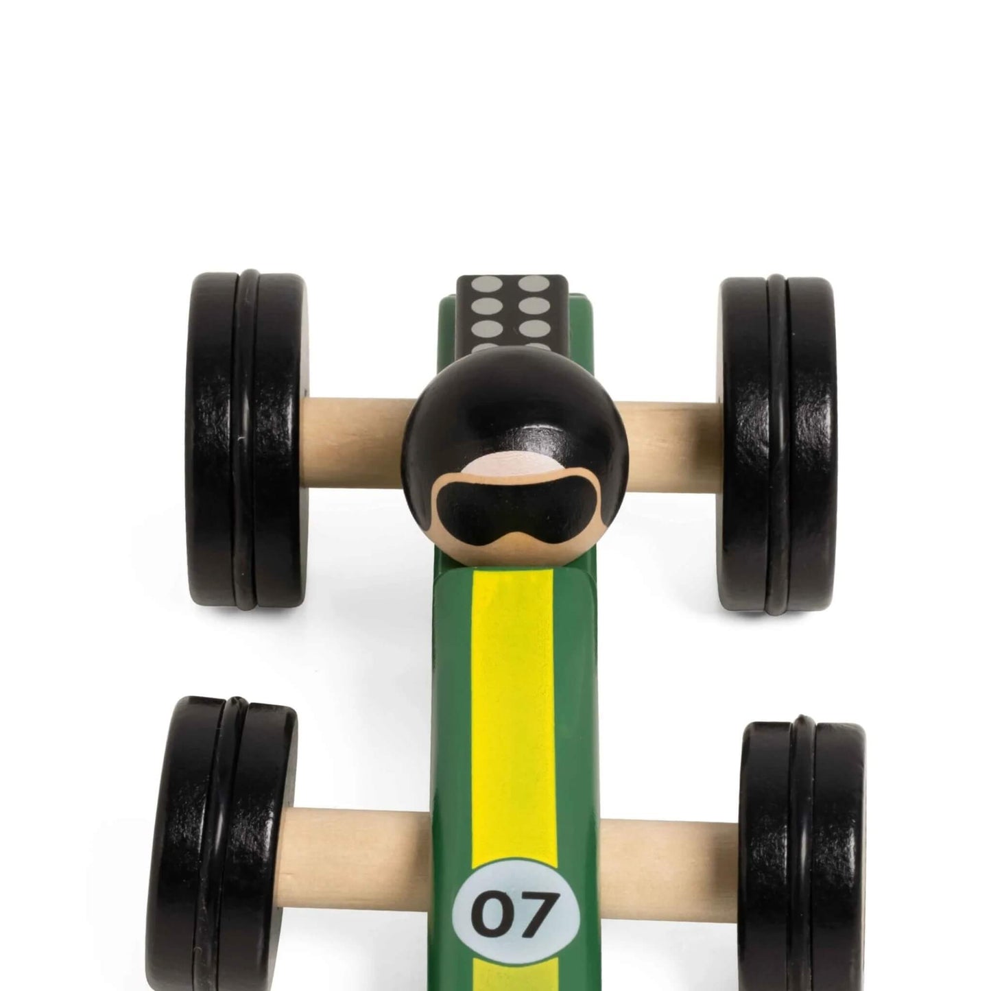 Top view of green Silverstone toy race car showing yellow racing stripe, number 07, and wooden driver figure with black helmet and goggles.