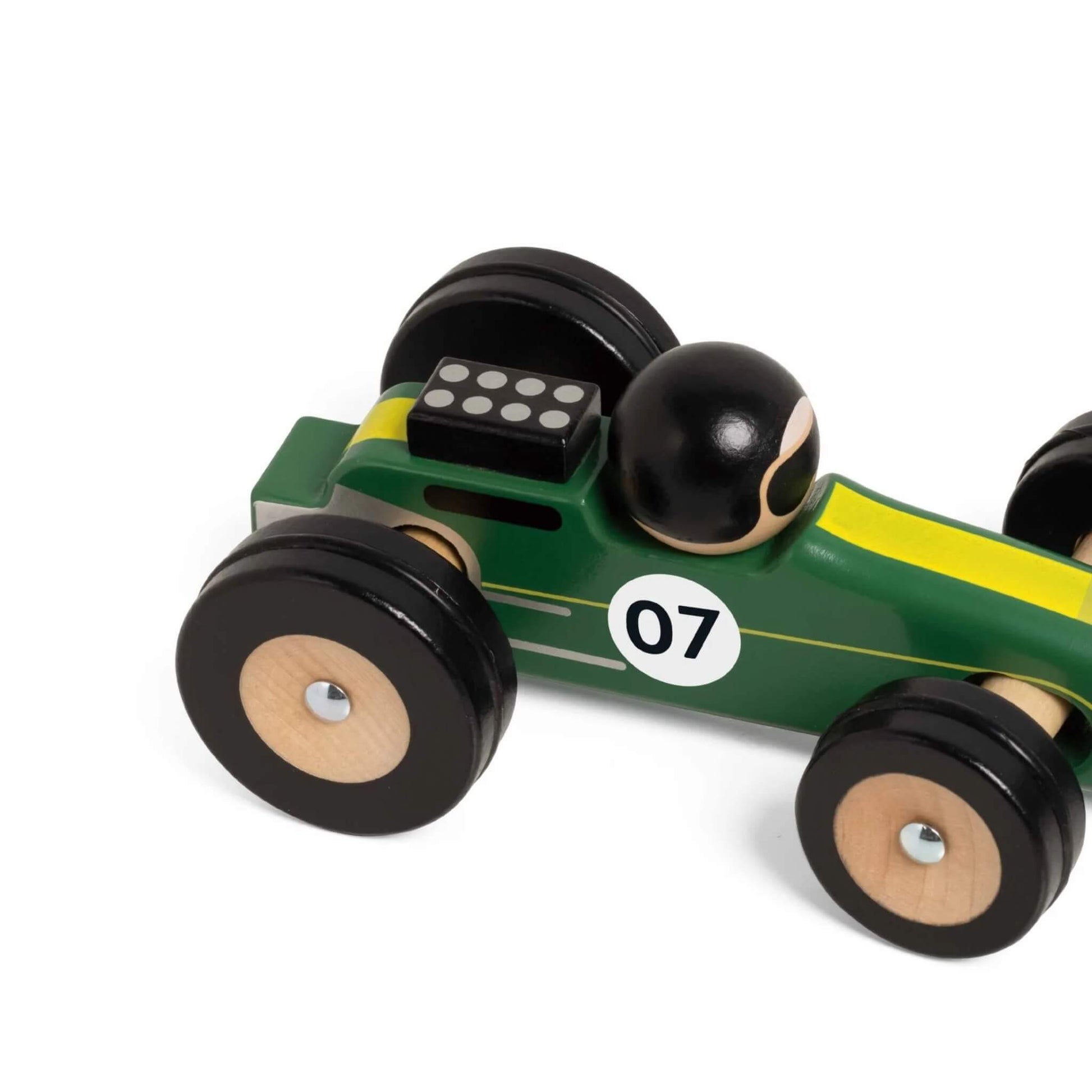 Side and rear view of green Silverstone wooden toy car, showing black wheels, number 07 detail, and the driver figure.