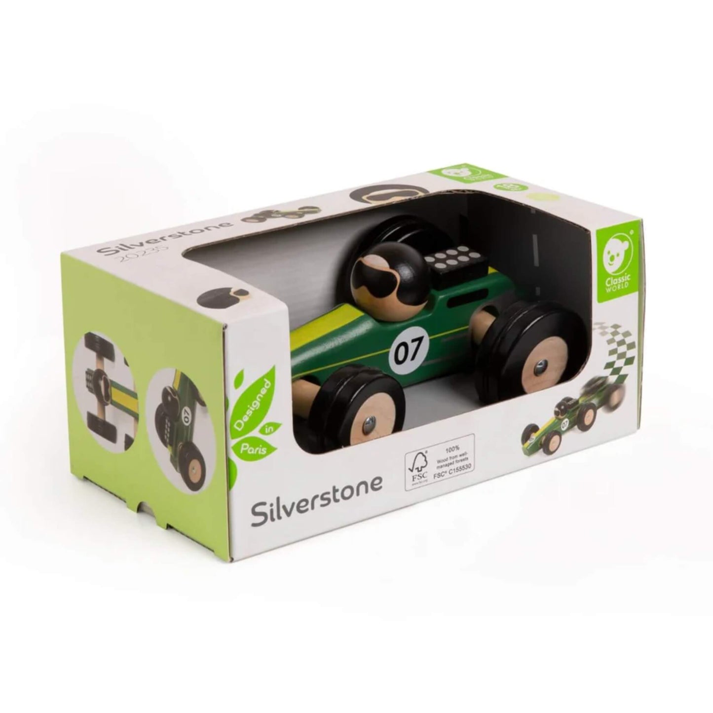 Green Silverstone wooden toy car displayed inside its Classic World packaging, with window cutout showing the car and driver.