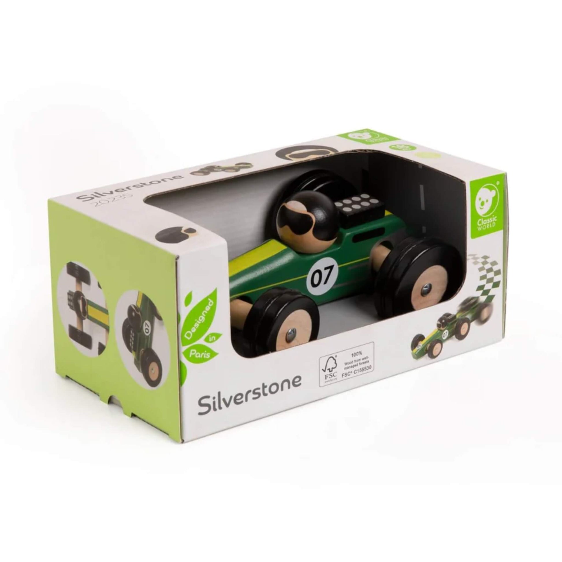 Green Silverstone wooden toy car displayed inside its Classic World packaging, with window cutout showing the car and driver.