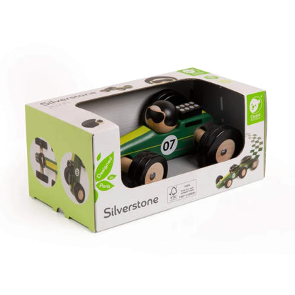 Green Silverstone wooden toy car displayed inside its Classic World packaging, with window cutout showing the car and driver.