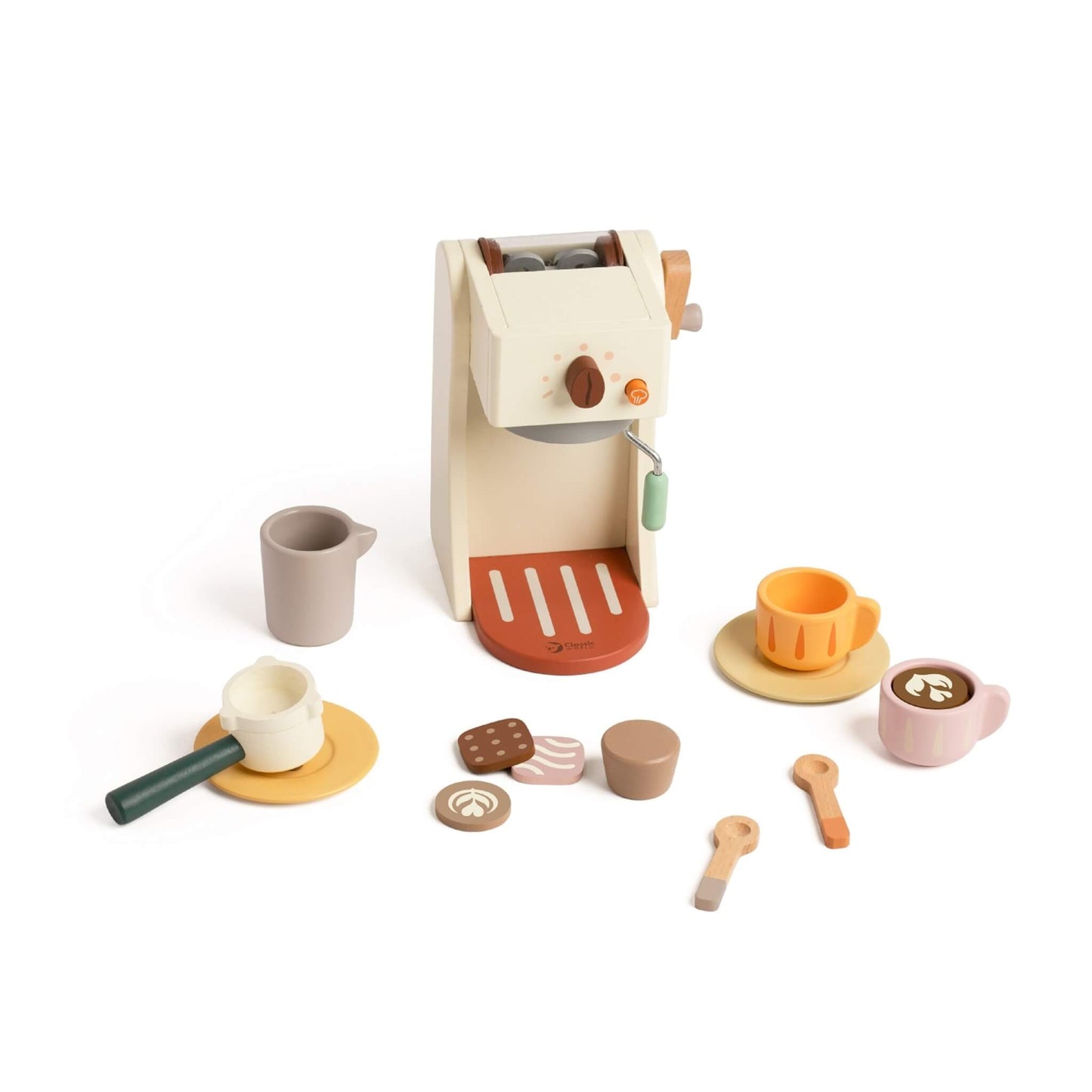 Classic World Coffee Machine wooden toy with cups, milk jug, portafilter and accessories arranged around a compact play coffee maker.