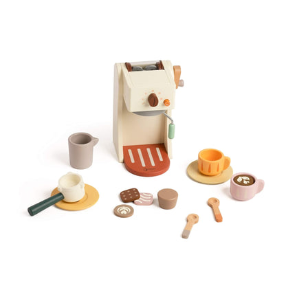 Classic World Coffee Machine wooden toy with cups, milk jug, portafilter and accessories arranged around a compact play coffee maker.