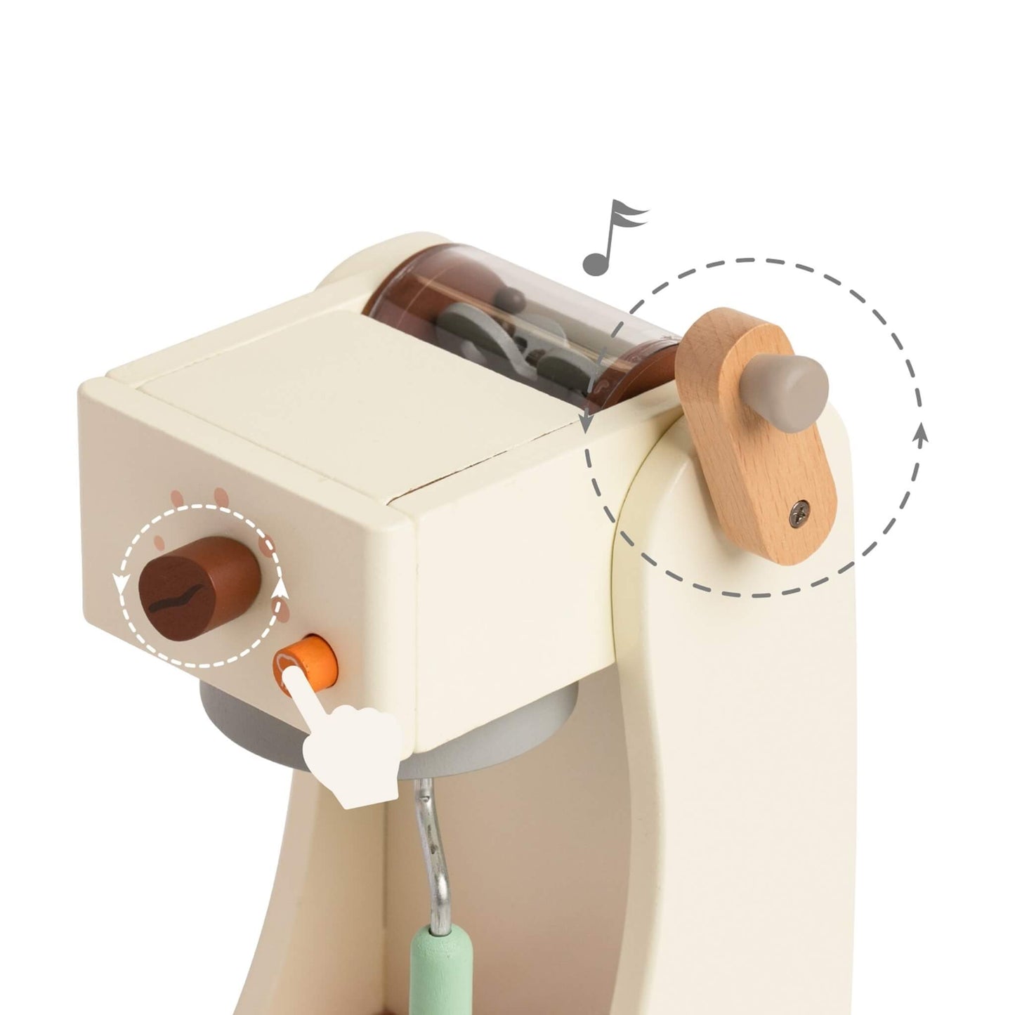 A close-up of a wooden coffee machine showing a turning dial, push button and rotating bean grinder handle.