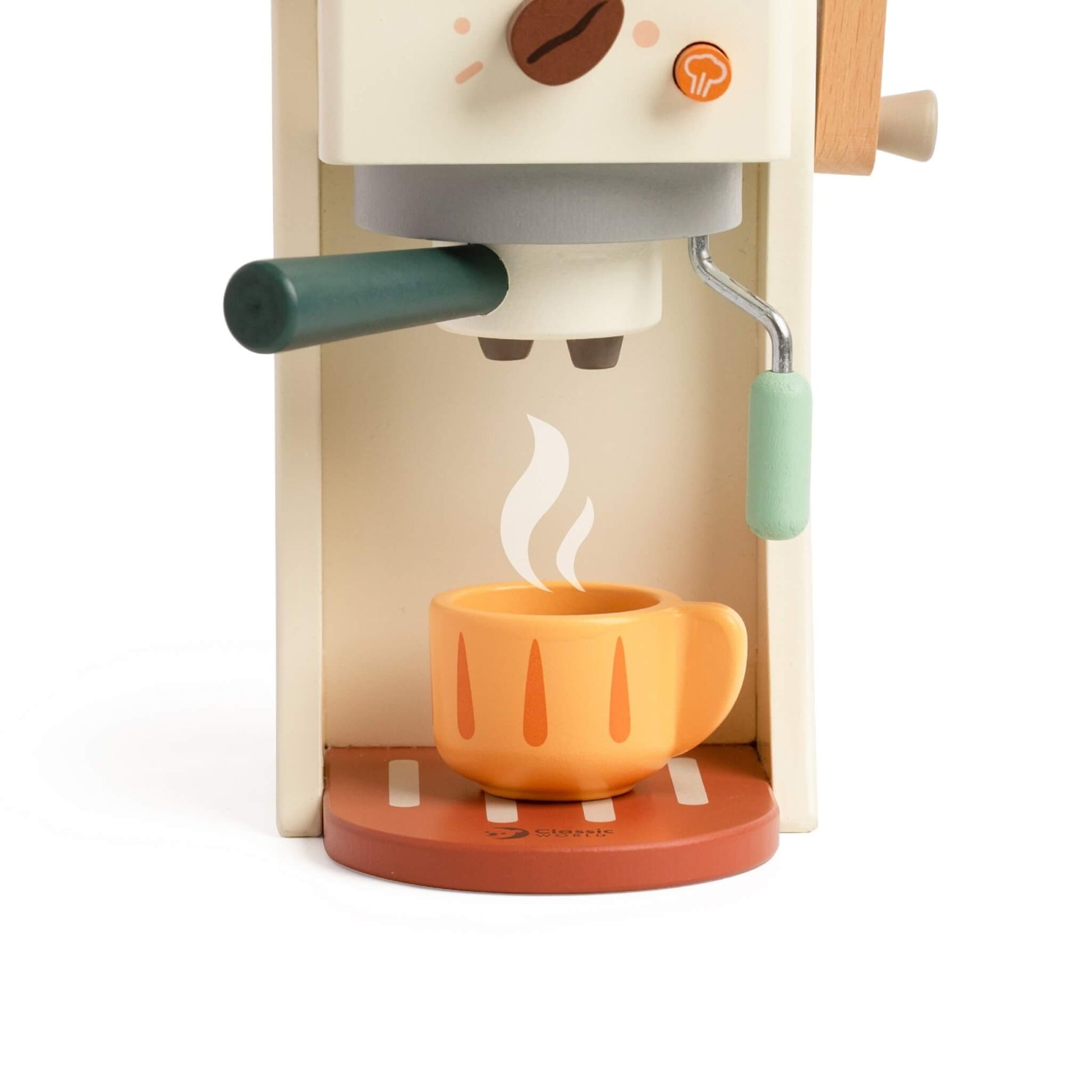 A detailed view of a wooden toy coffee machine with a portafilter fitted into place and a steam wand positioned beside it.