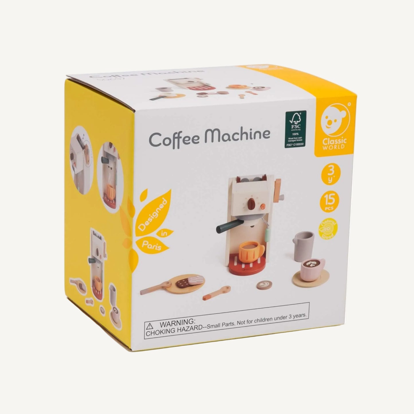 A product packaging box showing a wooden coffee machine toy set with illustrated contents and age guidance information.