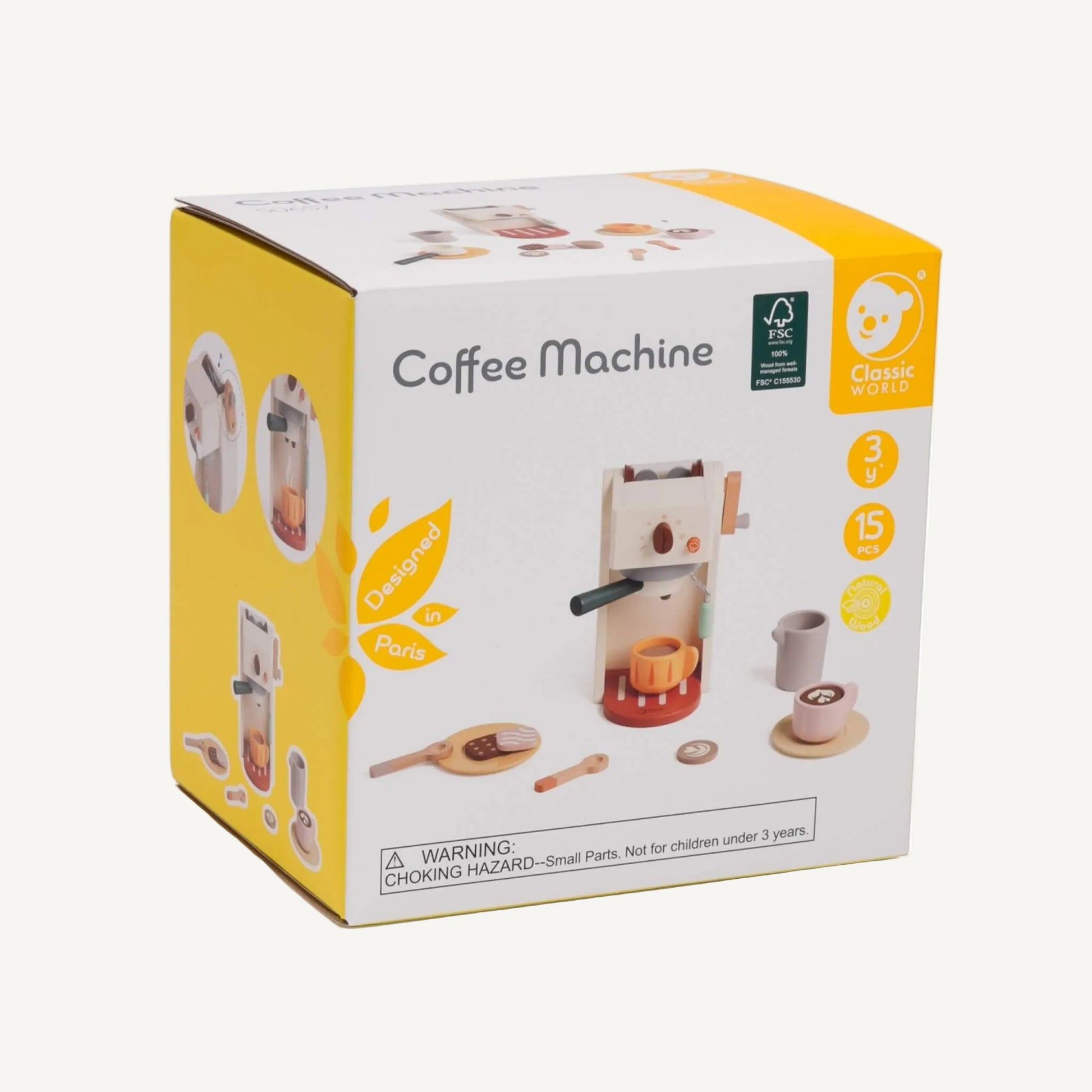 A product packaging box showing a wooden coffee machine toy set with illustrated contents and age guidance information.