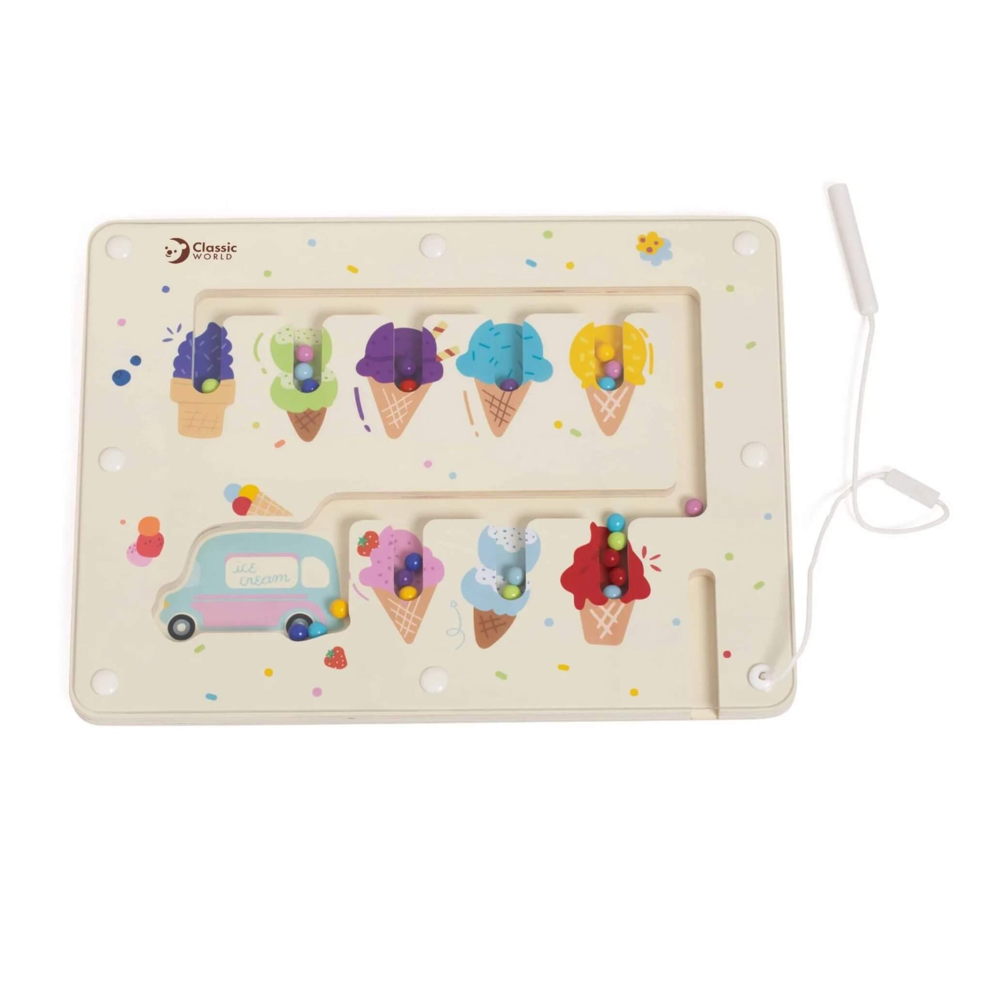 Children’s wooden magnetic maze toy, the Classic World Colour Matching Game, with colourful ice cream cones and matching magnetic balls.
