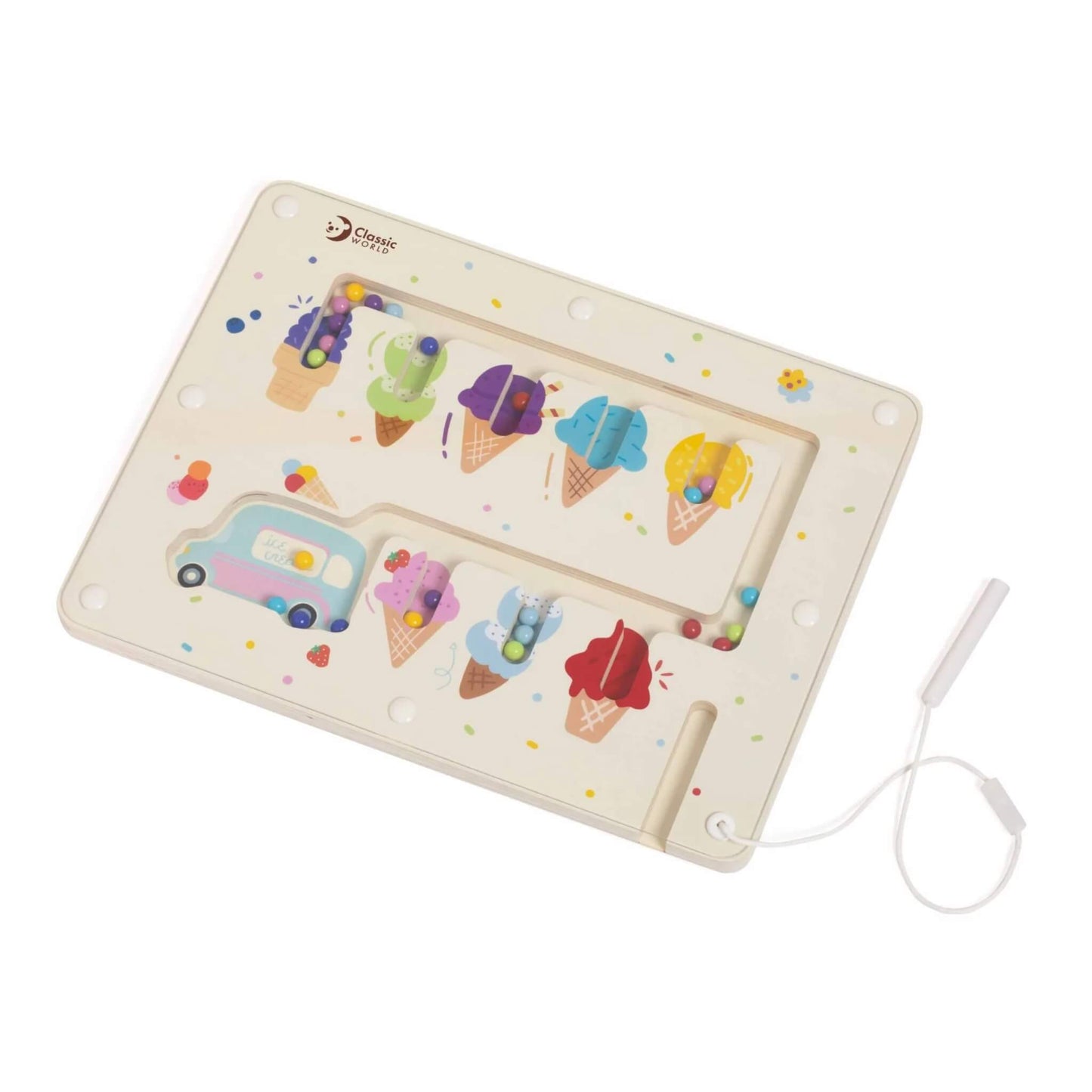 Angled top-down view of a wooden maze toy with an attached magnetic pen and pathways holding coloured balls.