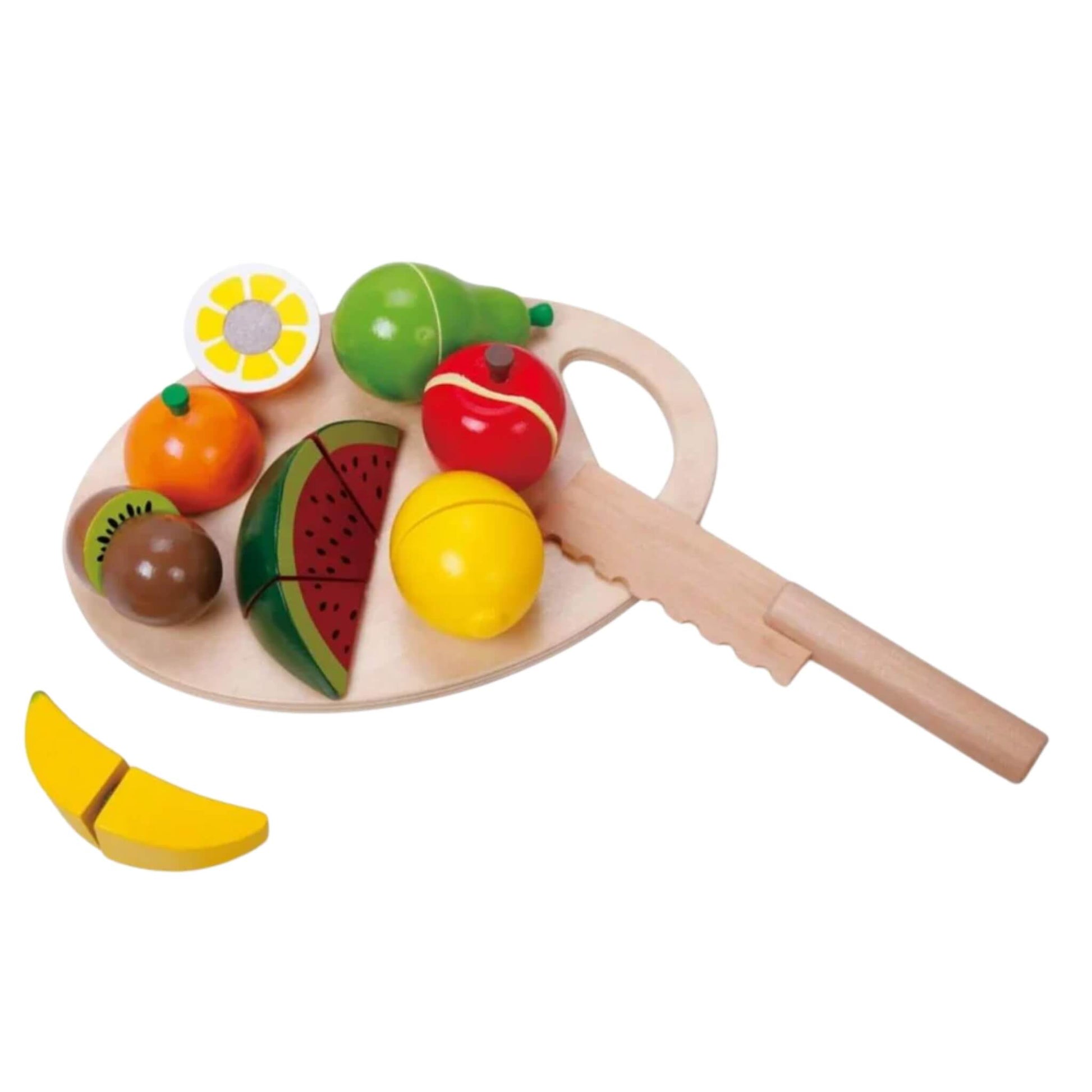 Classic World Cutting Fruits Set with a wooden board, child-safe knife, and colourful fruit pieces including banana, pear, apple, lemon, orange, kiwi, and watermelon, ready for pretend cutting play.