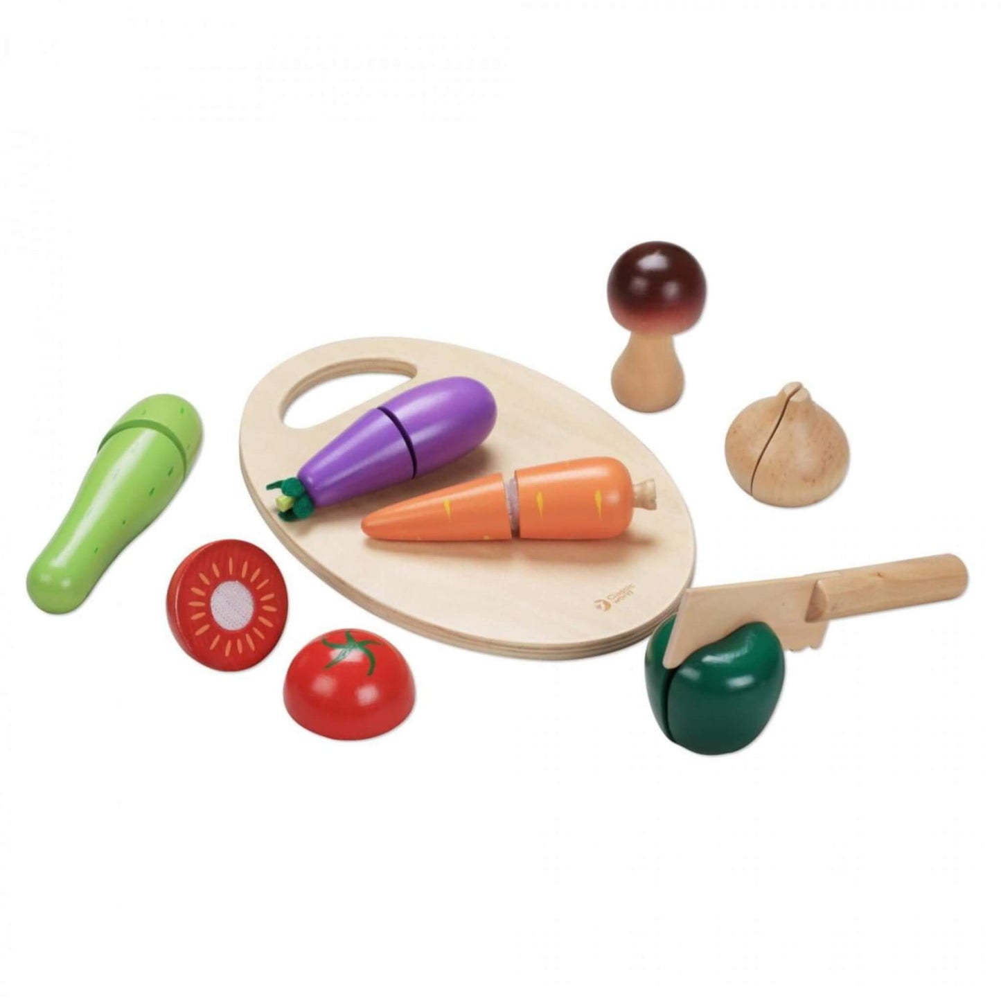 Classic World Cutting Vegetables Set with wooden knife, cutting board, and an assortment of colourful vegetables including carrot, eggplant, cucumber, tomato, and mushroom.