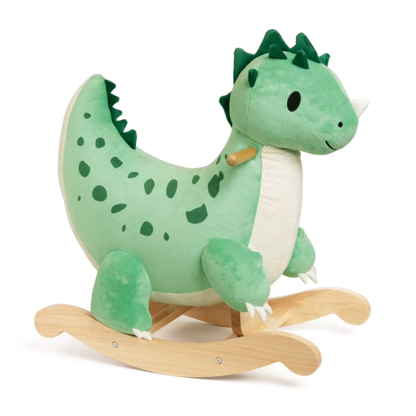 A soft green plush dinosaur rocker from Classic World Toys, featuring dark green spikes, wooden handles, and a sturdy wooden rocking base.